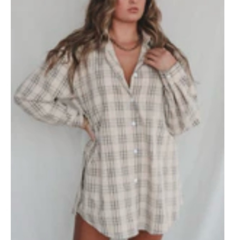 AMAZING LACE OVERSIZED VANILLA MOCHA PLAID SHIRT ROMPER